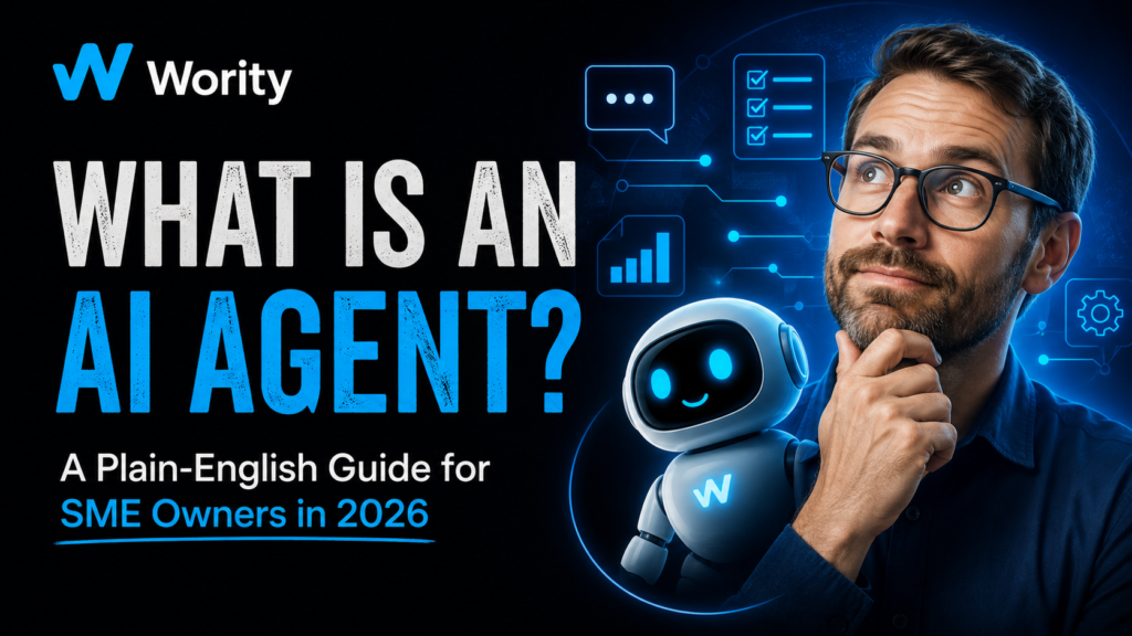 Wority YouTube thumbnail explaining what AI agents are for SME owners in 2026, featuring a business professional, AI robot assistant, and business automation icons.