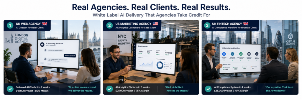 Three agency white label AI success scenarios — UK web agency, US marketing agency, UK FinTech agency