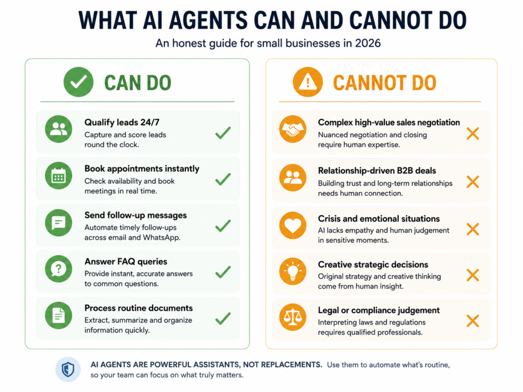 What AI agents can and cannot do for small business — honest capabilities guide 2026