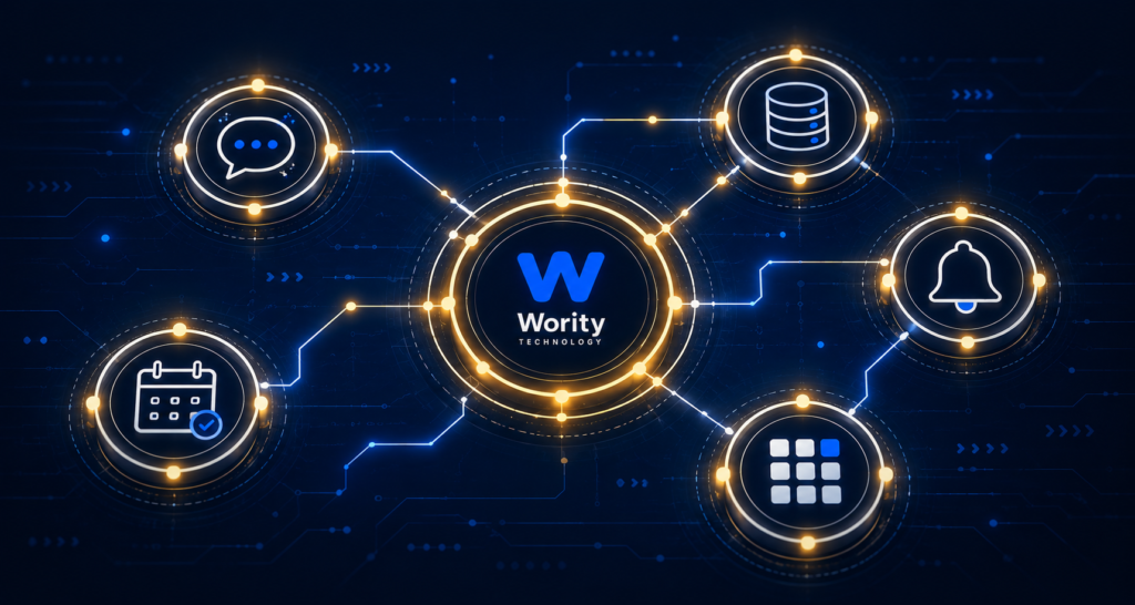 Network diagram showing interconnected AI agents automating a business workflow — Wority Technology