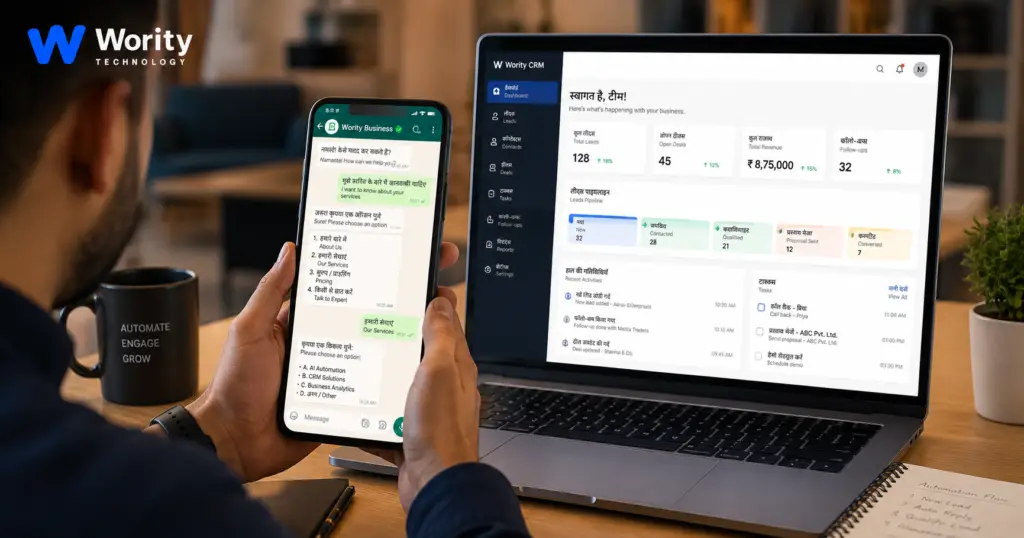 Indian business owner reviewing WhatsApp automation dashboard — Wority Technology India