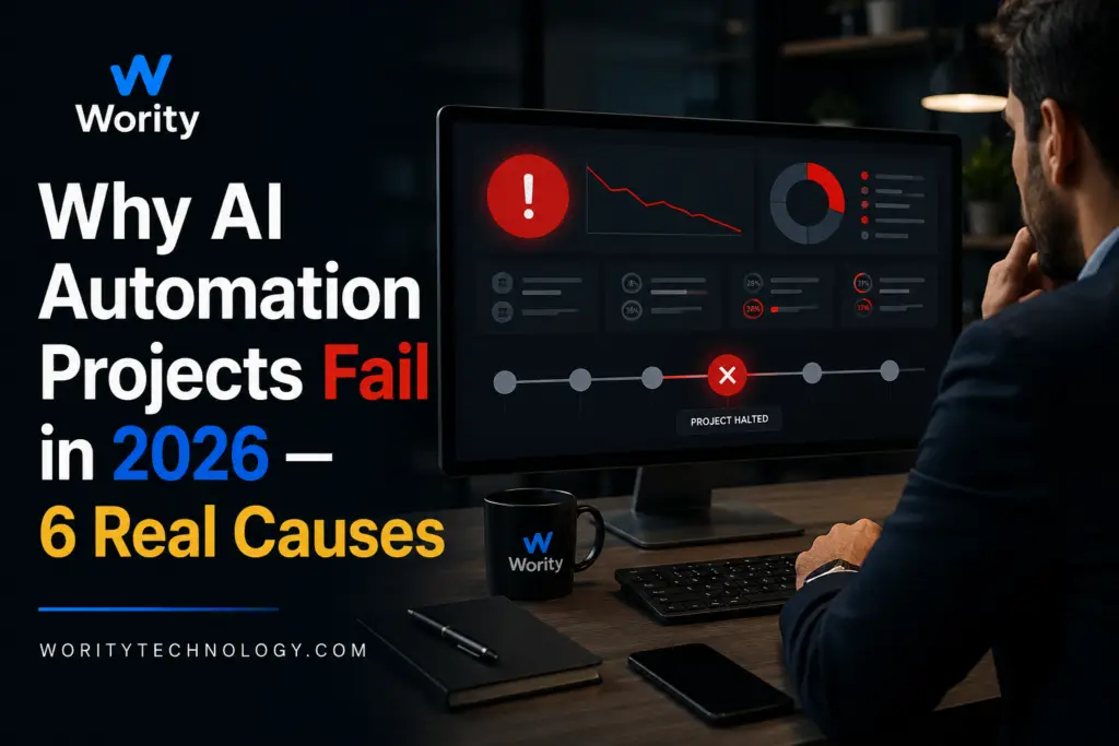 Project dashboard showing failed AI automation status — Wority Technology