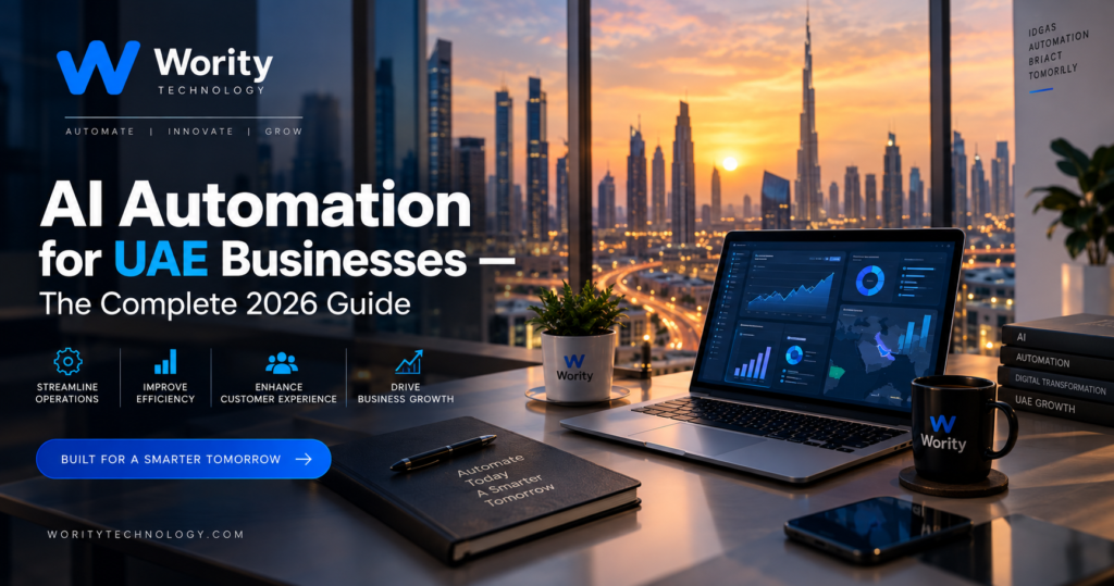 Dubai skyline view from office with AI automation dashboard in foreground — Wority Technology UAE