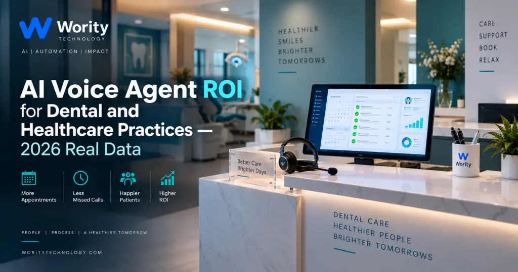 Modern dental reception with AI booking dashboard — Wority Technology Healthcare